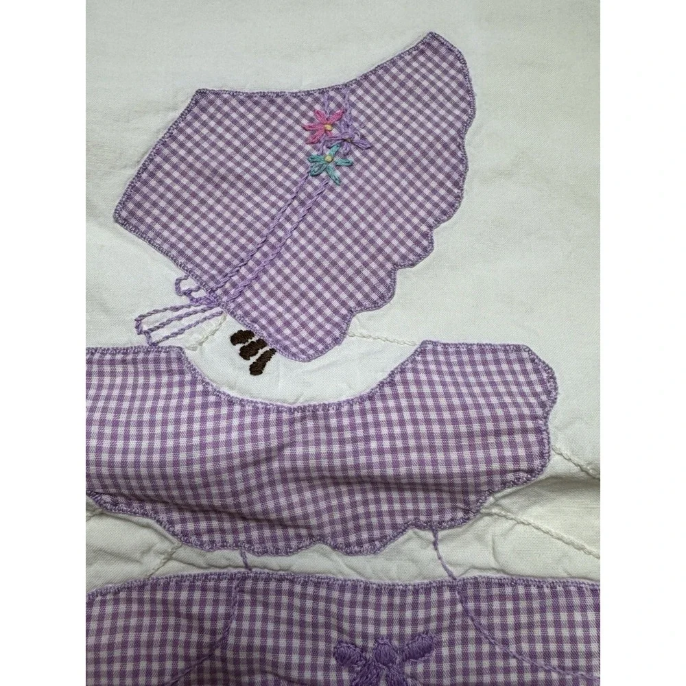 Vintage Hand Embroidered Pillowcase Purple Ruffle Trim Southern Girl (1) Flaw